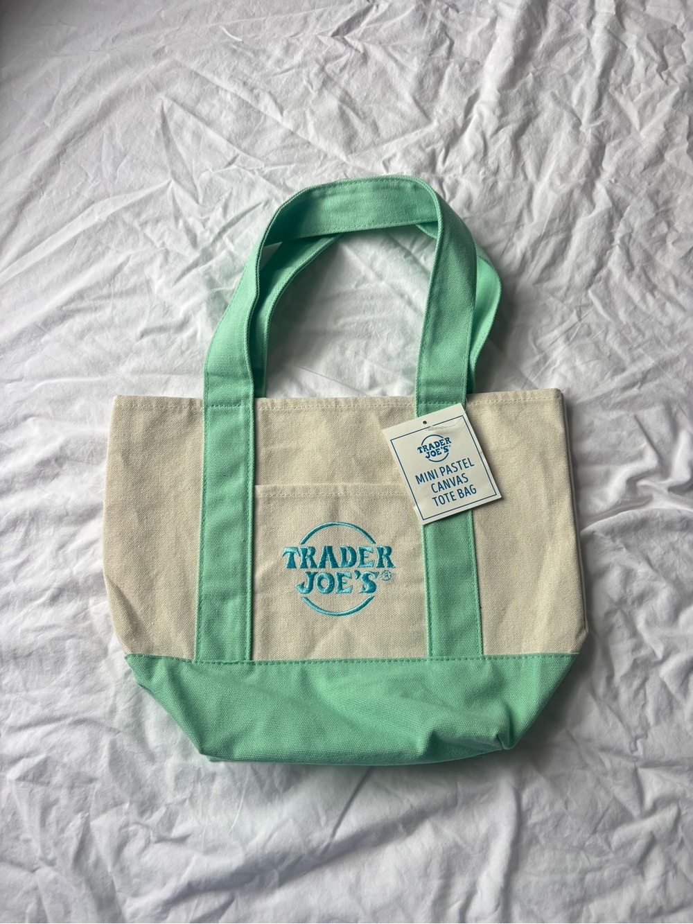 Trader Joe's Mini Canvas Tote in Mint Green and Cream NWT